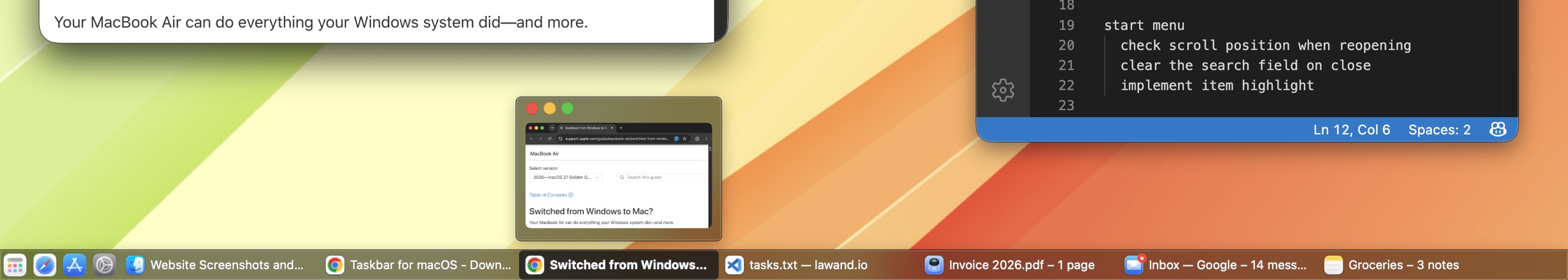 The Taskbar bar along the bottom of a Mac screen showing seven open windows, each with its own button and window title, with a hover thumbnail open above one of them.