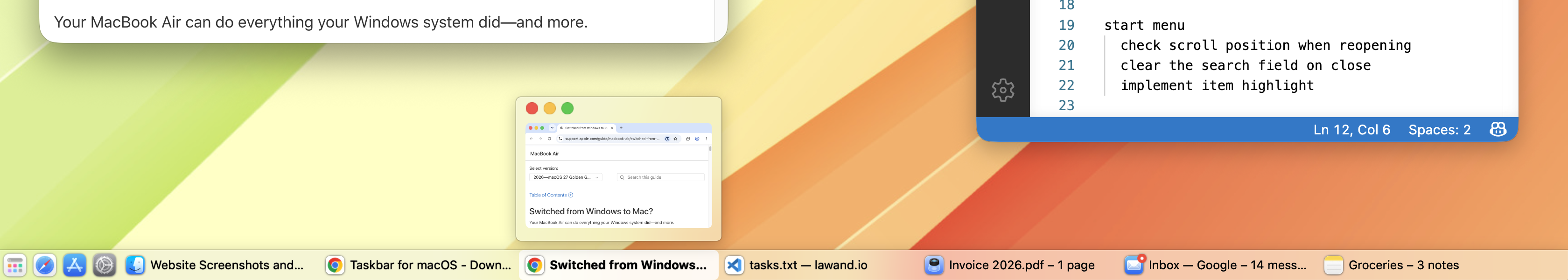 The Taskbar bar along the bottom of a Mac screen showing seven open windows, each with its own button and window title, with a hover thumbnail open above one of them.