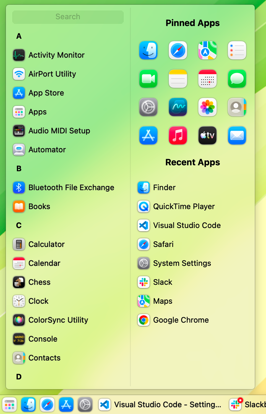 The Taskbar Start menu open, showing a searchable alphabetical list of installed applications beside pinned and recently used apps.